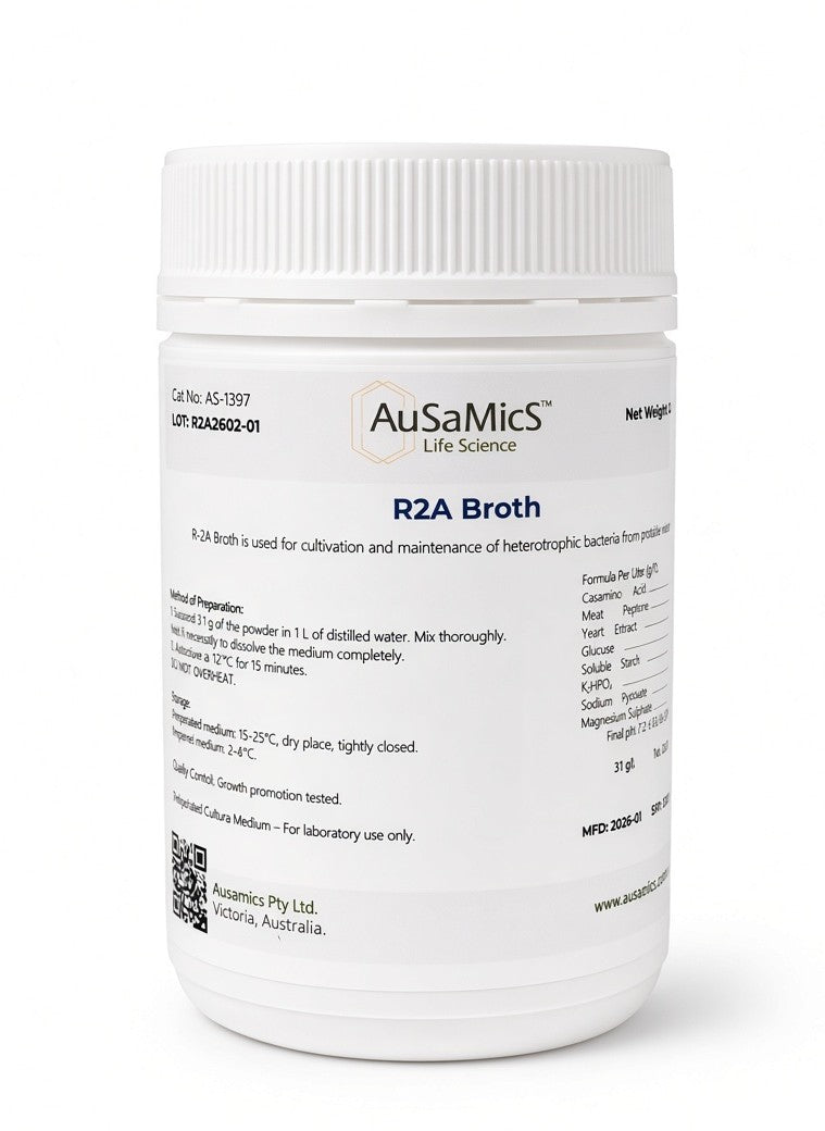 Dehydrated R2A Broth 500g – Ausamics laboratory grade water microbiology media.
Turbidity comparison in R2A Broth showing growth of slow-growing aquatic bacteria.