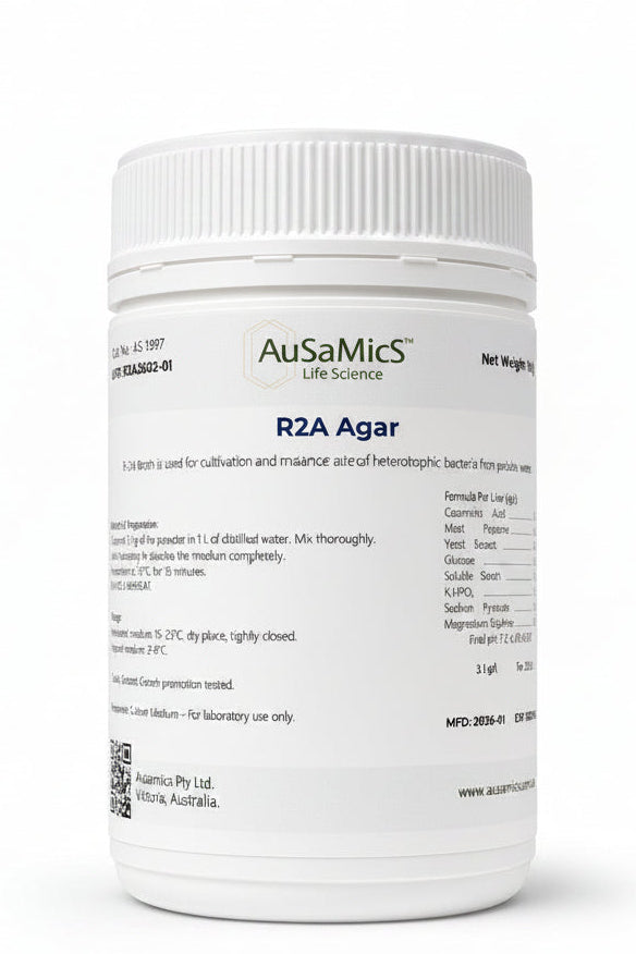 Dehydrated R2A Agar (R2-A Agar) 500g – Ausamics Catalog standard for water microbiology.
Heterotrophic bacteria colonies on R2A Agar plate after 5 days of incubation at 35°C.