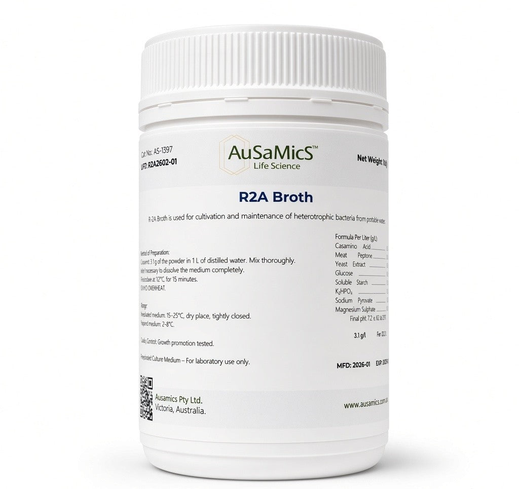 Dehydrated R2A Broth 500g – Ausamics laboratory grade water microbiology media.
Turbidity comparison in R2A Broth showing growth of slow-growing aquatic bacteria.