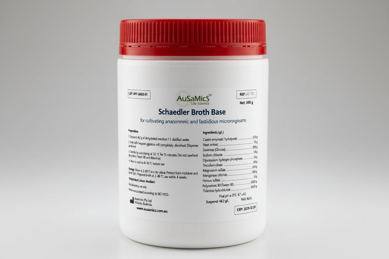 Container of AusaMics Schaedler Broth Base with red lid on a gray background