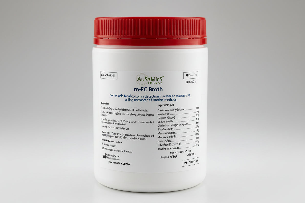 Container of AusaMics m-FC Broth with red lid on a gray background