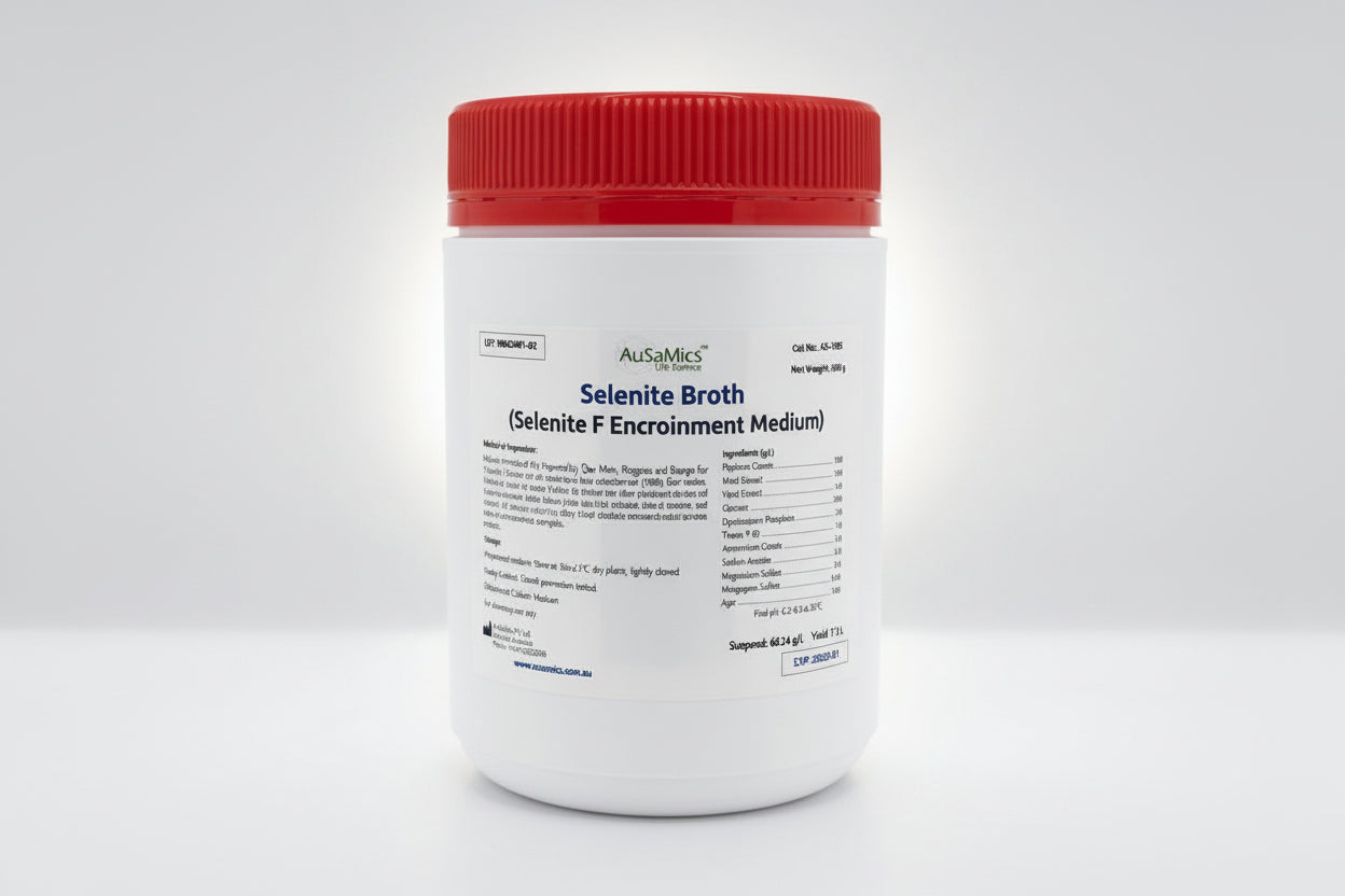 AuSaMicS AS-1345 Selenite F Broth 500g dehydrated media for selective Salmonella enrichment.