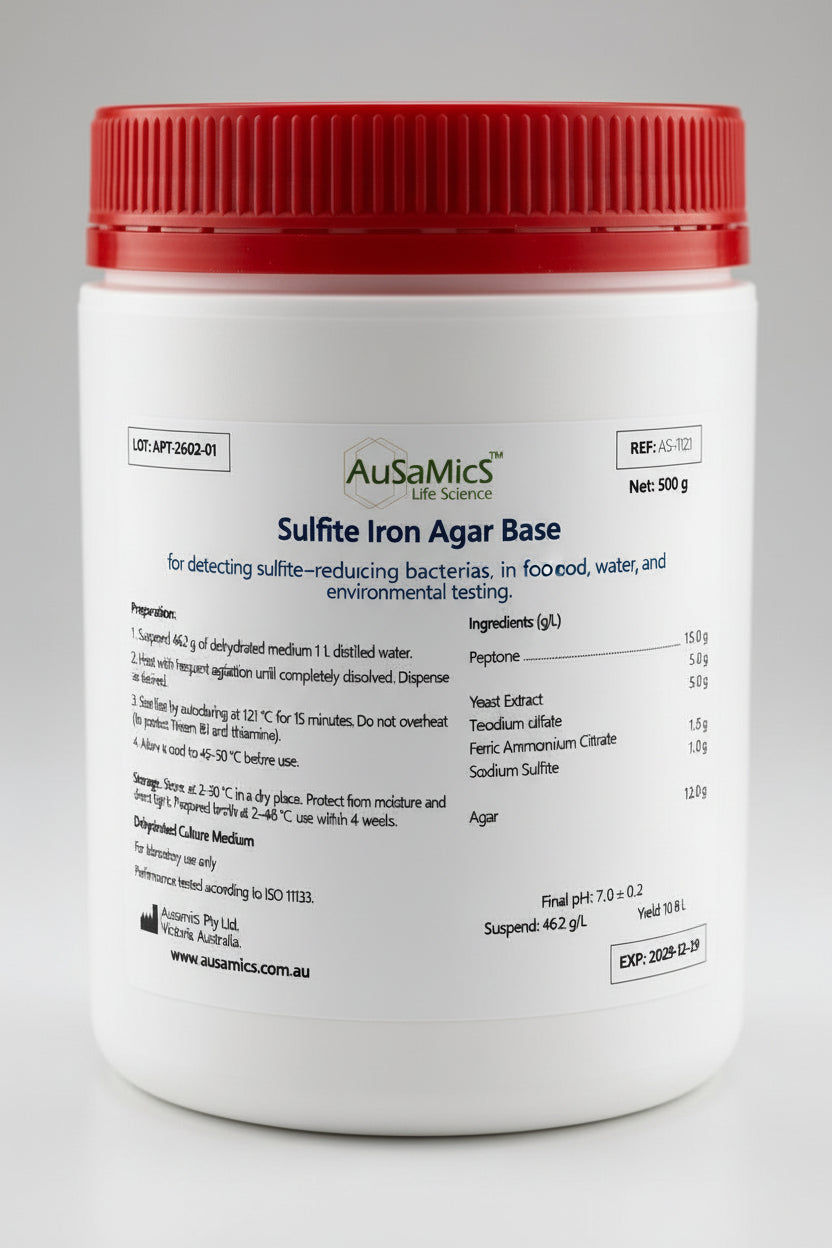 Container of AusaMics Sulfite Iron Agar Base with red lid on a gray background