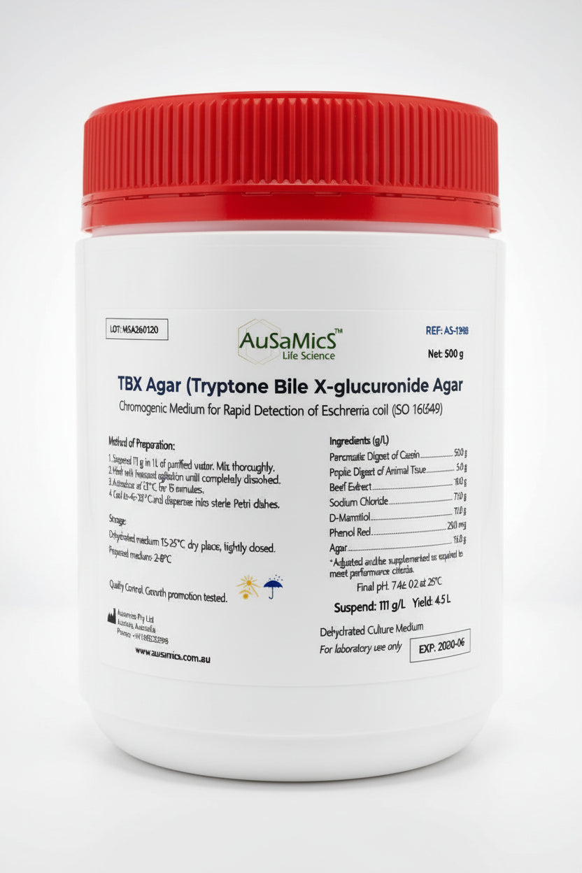 TBX Agar (Tryptone Bile X-glucuronide Agar)
Chromogenic Medium for Rapid Detection of Escherichia coli (ISO 16649)