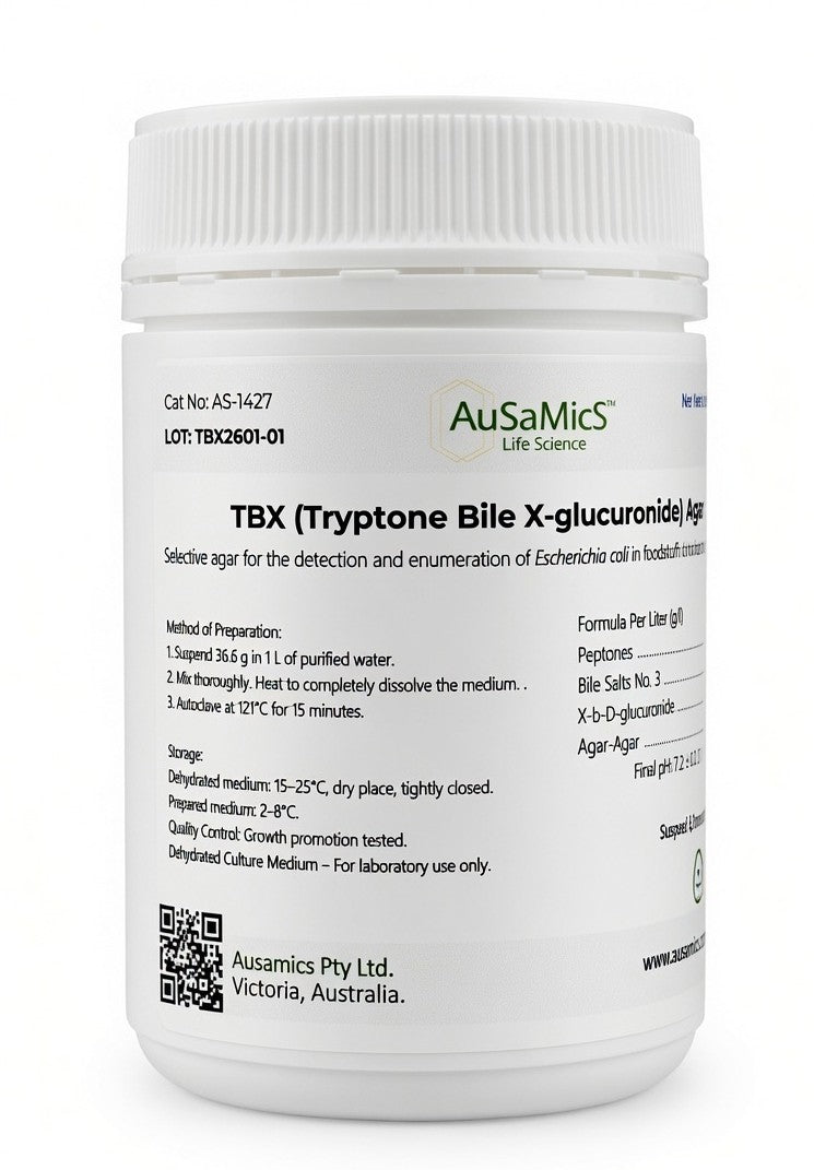 TBX Agar (Tryptone Bile X-glucuronide Agar)
Chromogenic Medium for Rapid Detection of Escherichia coli (ISO 16649)