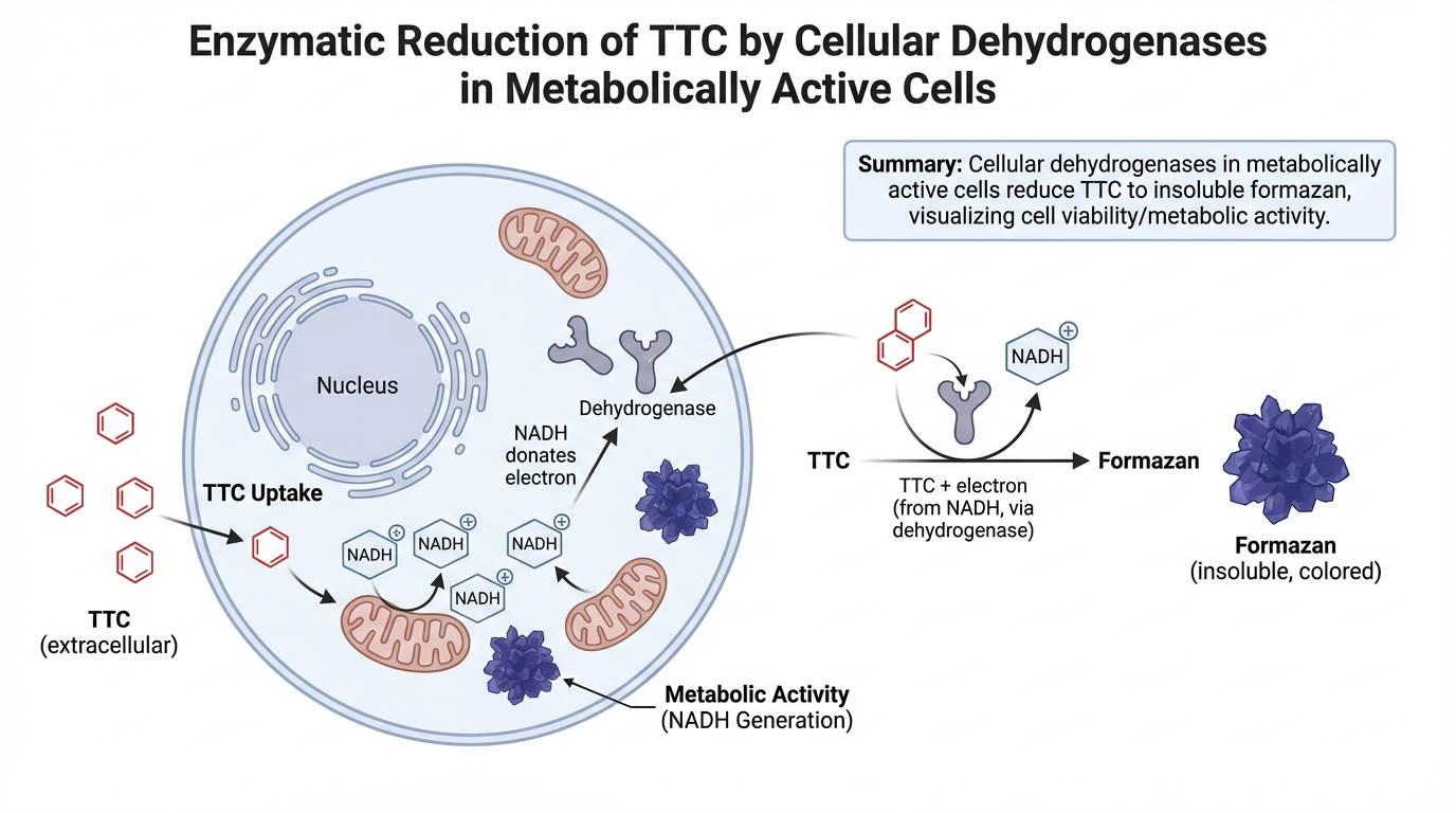 TTC undergoes enzymatic reduction by cellular dehydrogenases in metabolically active cells