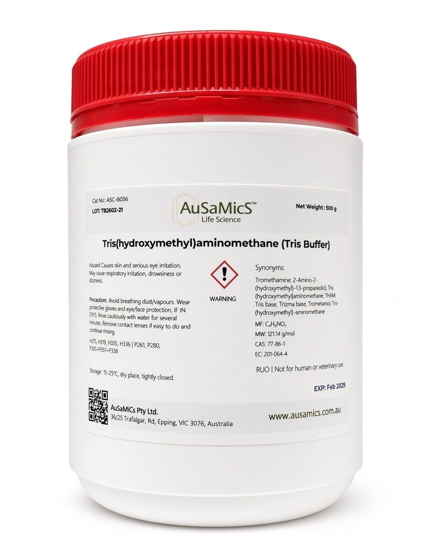Tris base (this product, CAS 77-86-1) is the free-base form, alkaline in solution, and is typically titrated down to the desired pH with an acid (commonly HCl). Tris HCl (CAS 1185-53-1) is the pre-formed hydrochloride salt, acidic in solution, and is titrated up with a base (commonly NaOH). Both reach the same buffering chemistry once at the target pH — the choice is largely a matter of which direction you prefer to titrate from.