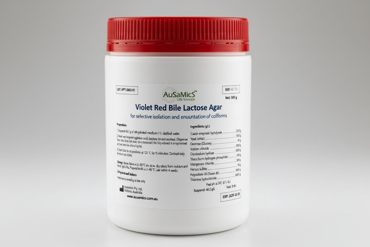 Container of AusaMics Violet Red Bile Lactose Agar with red lid on a gray background