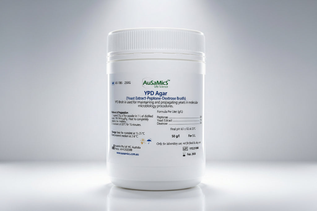 Yeast Extract Peptone Dextrose (YPD) Agar is a general-purpose solid microbiological culture medium for the growth and maintenance of yeasts and fungal species. Commonly used in Saccharomyces cerevisiae research, molecular biology, biotechnology, and fermentation studies. Supplied as a high-quality dehydrated laboratory-grade powder.