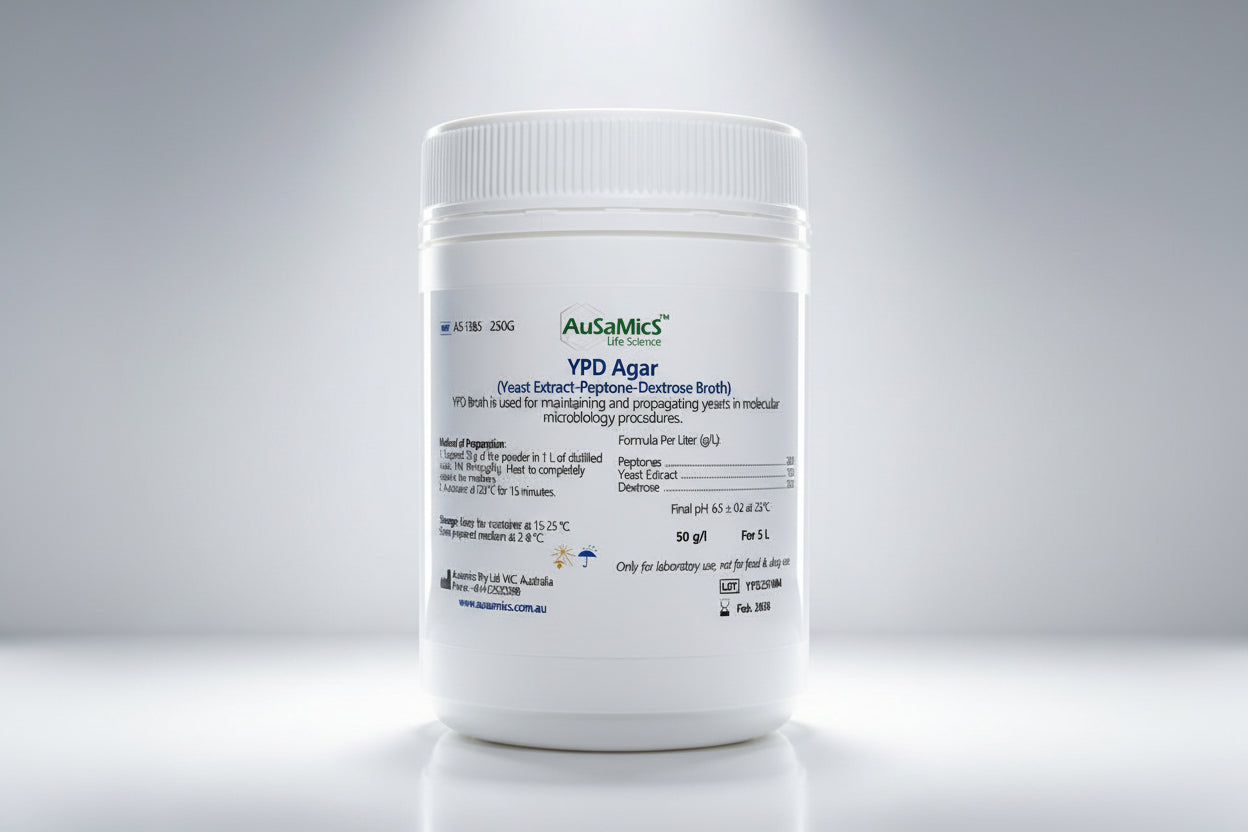 Yeast Extract Peptone Dextrose (YPD) Agar is a general-purpose solid microbiological culture medium for the growth and maintenance of yeasts and fungal species. Commonly used in Saccharomyces cerevisiae research, molecular biology, biotechnology, and fermentation studies. Supplied as a high-quality dehydrated laboratory-grade powder.