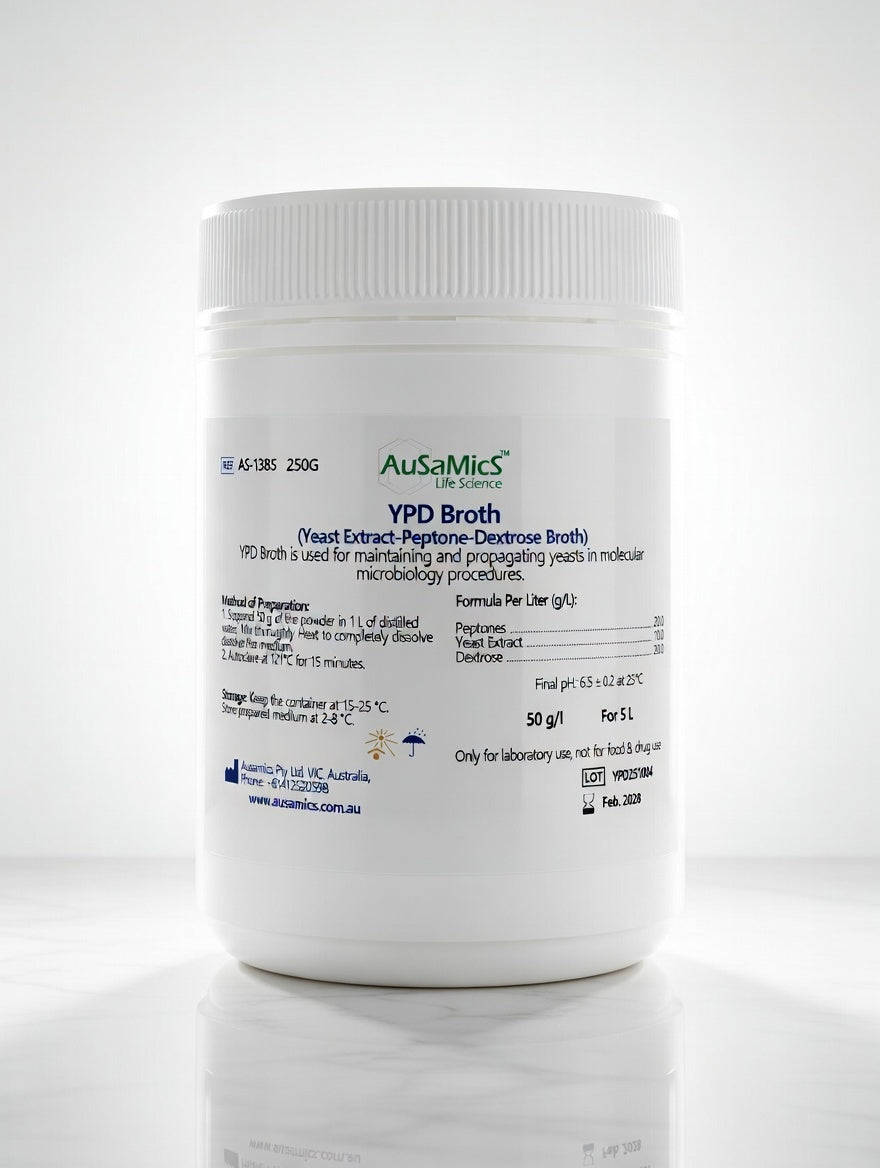 Yeast Extract Peptone Dextrose (YPD) Broth is a nutrient-rich liquid culture medium for the cultivation of yeasts and fungi. Ideal for Saccharomyces cerevisiae research, molecular biology and fermentation studies. Dehydrated laboratory grade powder.