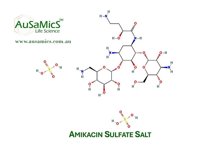 Amikacin sulfate white crystalline powder aminoglycoside antibiotic Ausamics AS-2045
