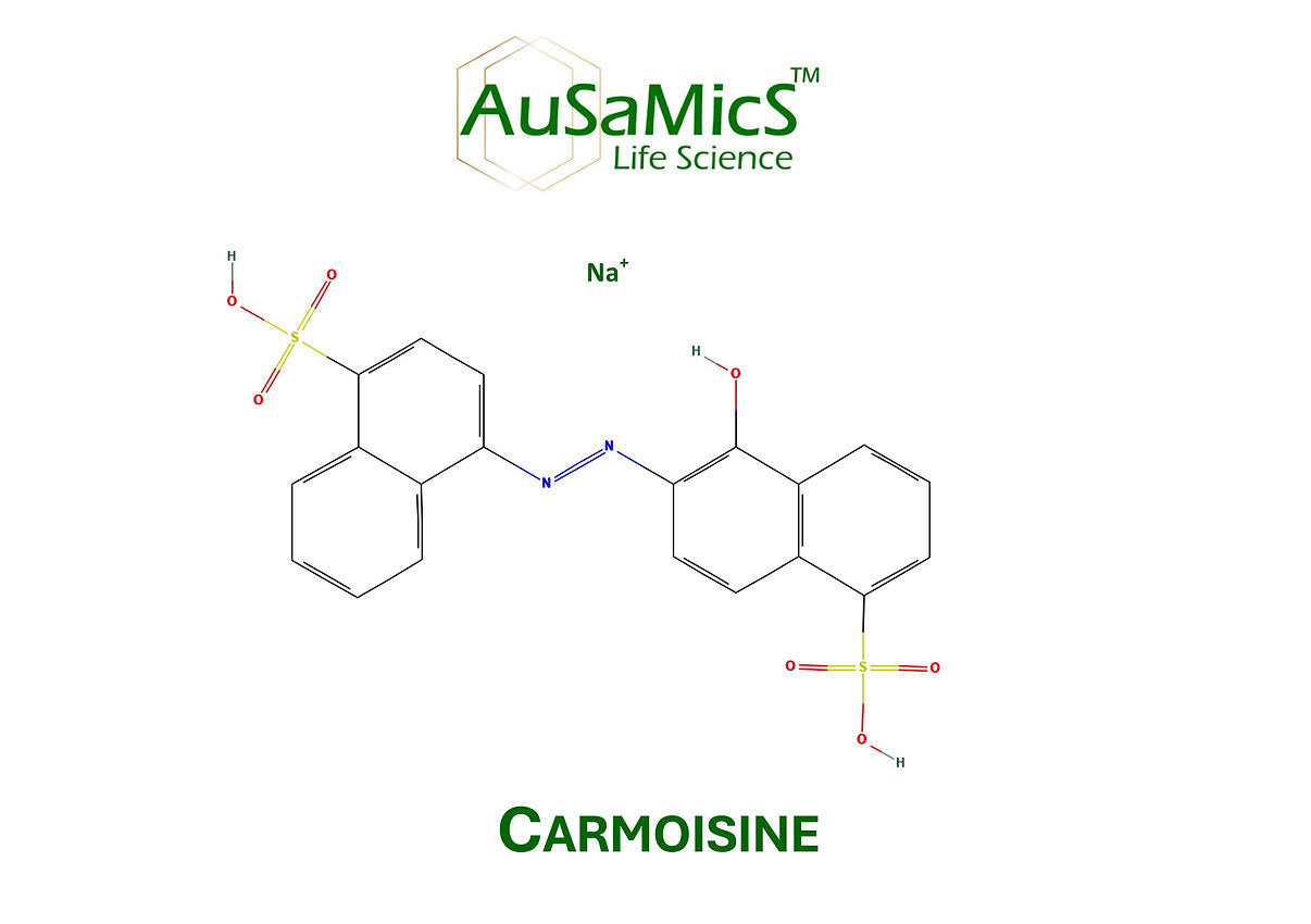 Carmoisine Azorubine E122 food-grade monoazo red dye powder and chemical structure Ausamics ASD-637