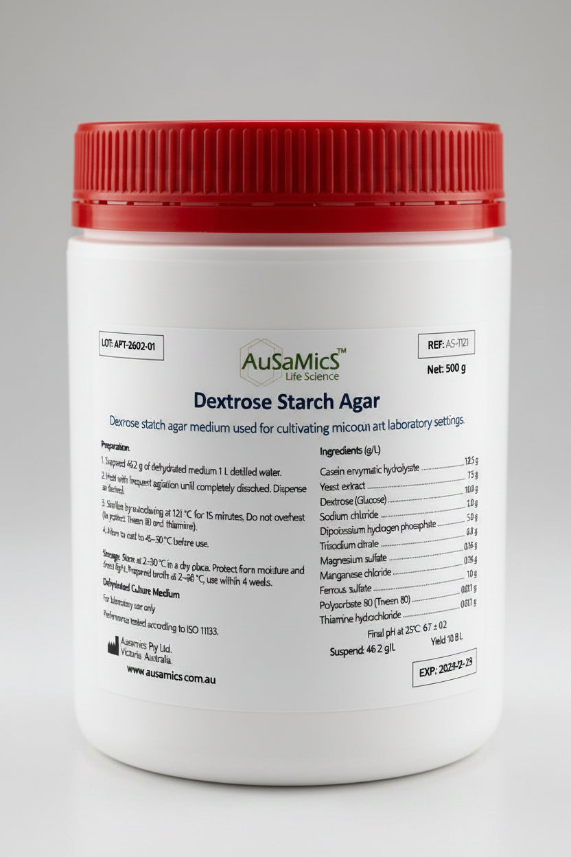 Dehydrated dextrose starch agar medium used for cultivating microorganisms in laboratory settings.