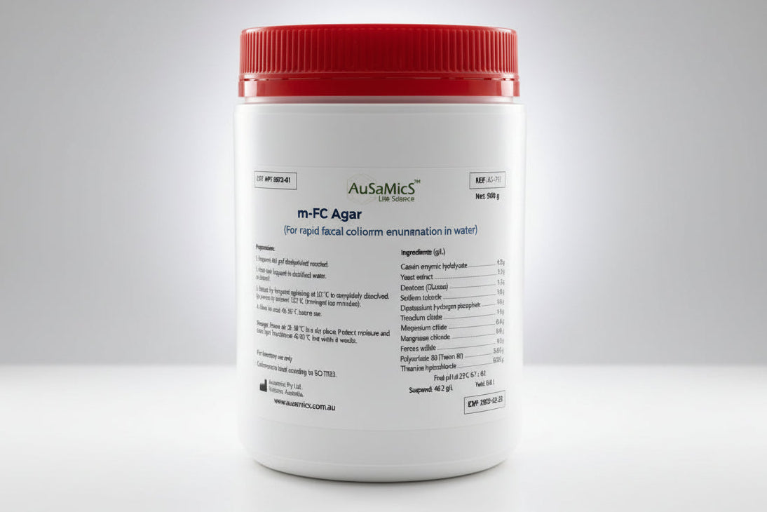 m-FC Agar (AS-1405) for rapid faecal coliform enumeration in water. Compliant with ISO 9308, APHA, and EPA standards. 