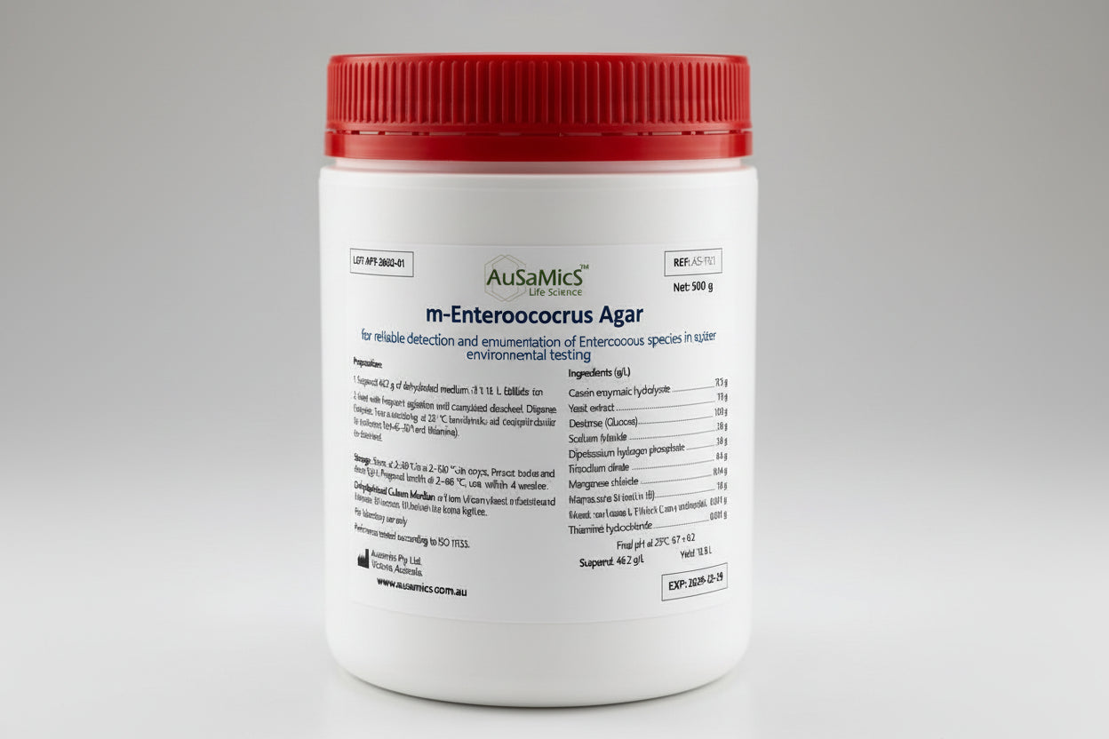 Container of AusaMics m‑Enterococcus Agar with red lid on a gray background