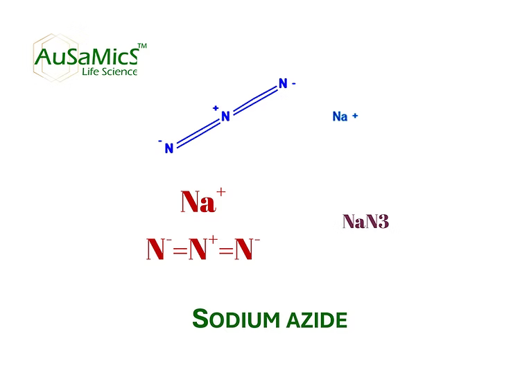 Sodium azide crystalline powder supplied as a toxic laboratory research reagent