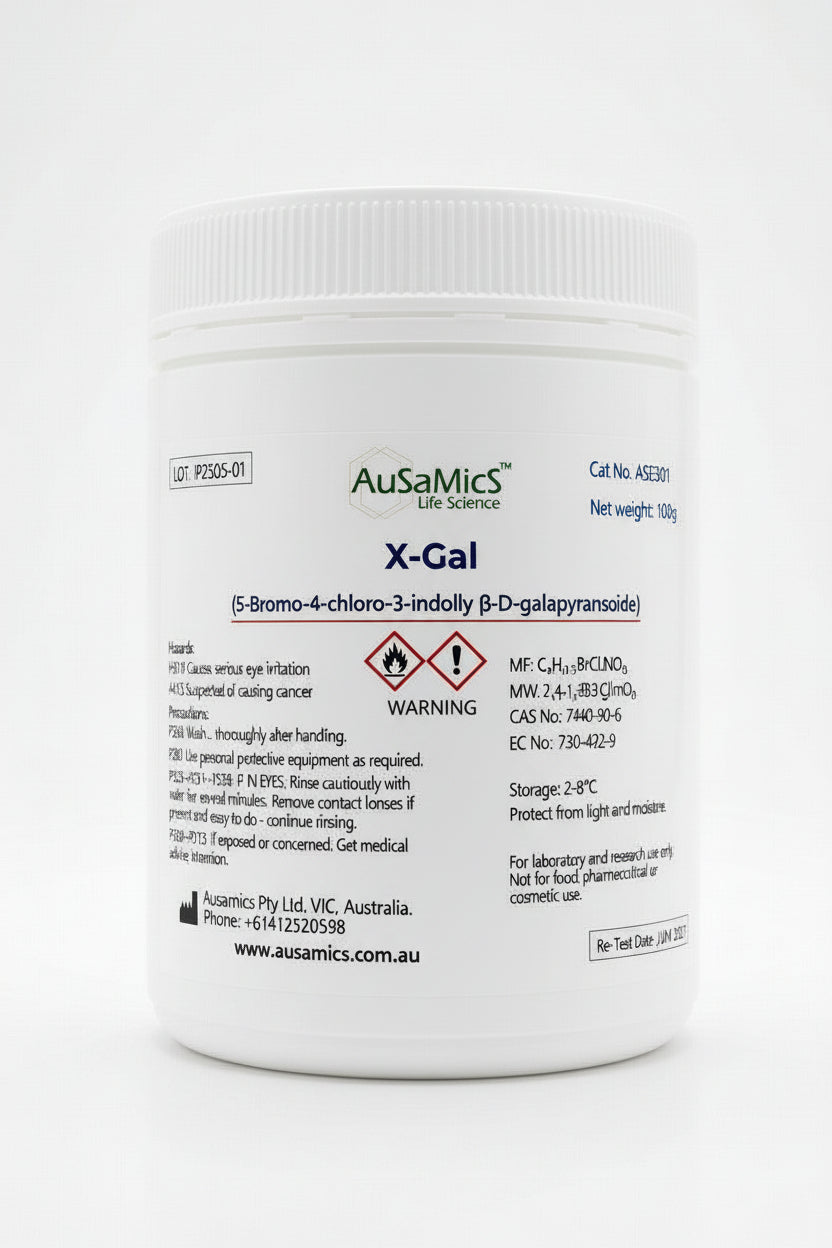 X-Gal (CAS 7240-90-6)
5-Bromo-4-chloro-3-indolyl β-D-galactopyranoside
Chromogenic Substrate for β-Galactosidase Detection
